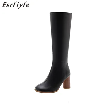  ESRFIYFE/2021 г., Нови Модни дамски ботуши до коляното на висок ток от изкуствена кожа, Офис женски модел обувки, есенни дамски обувки-Големи Размери 34-48
