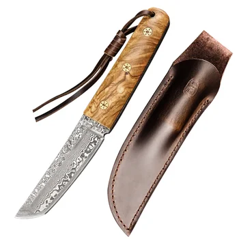  Hx На Открито Дамасский Японски Нож Незаменими Туристически Ножове За Оцеляване С Дървена Дръжка Edc Инструмент С Кожени Ножнами Дропшиппинг