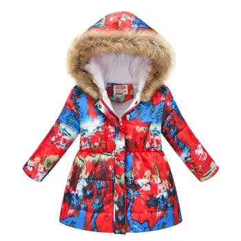  Бебешко яке, зимно детско модно топло памучно Палто с кожа яка за момичета и момчета, яке със средна дължина, с принтом и качулка