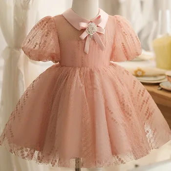 Детско празнично рокля за момичета, дантелено рокля-пакетче принцеса с лък за малки момиченца, дрехи за малките момичета, на 1 година, рожден ден, Детски дрехи