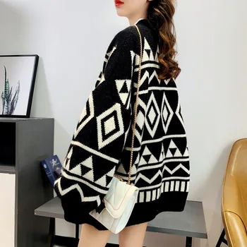  Есен-зима сгъсти геометричен стил диамант вязаный жилетка за жени е свободен, със средна дължина, пуловер, яке Япония момиче