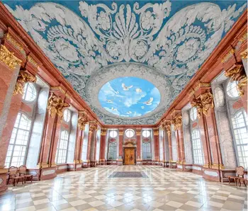  за да персонализирате 3d таван тапети Европейската мазилка линия на изображение на синьо небе, бели облаци творчески таван стена на домашен интериор тапети