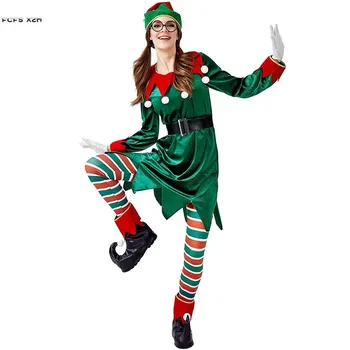  Зелен За Жени Дядо Коледа Косплэй Хелоуин Коледно Дърво Костюм Карнавал Зимна пижама Пурим Етап играе Маскарад вечерна рокля