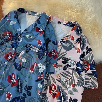  Лятна Хавайска Риза със Сини Принтом за Мъже и Жени, Ежедневни Празнична Плажната Хавайска Блуза, Блузи Копчета, Свободна Одежда2022