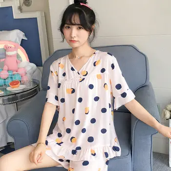  Пижамные Дамски Комплекти С V-образно деколте Нагънат Тънки Свободни Прости Пижами За Почивка на Сладко Момиче Корейски Стил Модерен Удобна Пижама