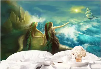  тапети 3 d начало декор за поръчка на стенни картини на стената Средиземноморската русалка, плывущая от огромни вълни, фотообои в хола