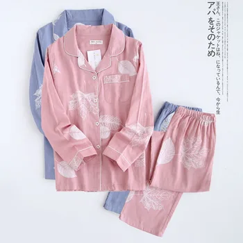  2021 кимоно femme кленов лист пижамные дамски комплекти 100% марля ежедневни памучни пижами с дълъг ръкав дамски пижами есента е топла разпродажба