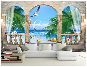  3D стенописи тапети по поръчка на стенни тапети 3D римска колона свеж изглед към морето, телевизор, диван фон тапети начало декор