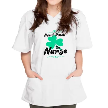  Carer медицинска сестра Uniform Top Plus Size Four-leaf Clover Print Shirt Spa V-Neck Blouse Short Sleeve Scrubs Върховете дамски работни облекла
