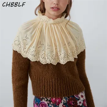  CHBBLF женски вязаный пуловер в стил мозайка с бродерия, еластичен женски случайни пуловер с дълъг ръкав, выдалбливают шик монофонични топ BGB9701