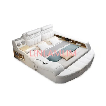  leather bed frame camas bedroom легло двойно lit beds سرير muebles de dormitorio мебели cama massage safe speaker USB