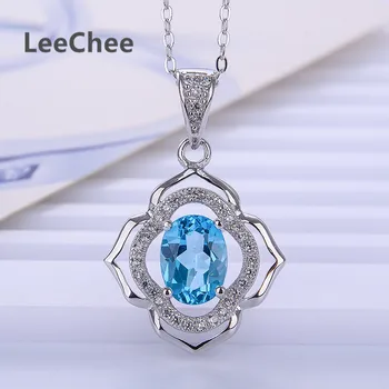  LeeChee естествен син топаз висулка за жени ежедневни облекла 6*8 мм скъпоценен камък колие за офис дамски модни бижута истинско сребро проба 925