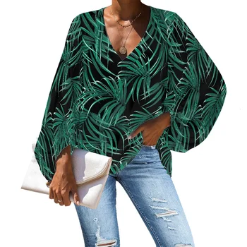  Noisydesigns/ Стръмни Дамски Потници в хавайски стил с Модел 2022, Летни Шифоновые Блузи с V-образно деколте, Риза, свободни, с дълги ръкави и фенерчета, Модни Дрехи