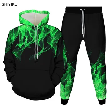  SHIYIKU 2021 Мода 2 бр. Пламък 3D Печат е Нов Унисекс Hoody Панталони За Джогинг Марка Мъжки Пуловер Hoody С Качулка Двойка Комплект