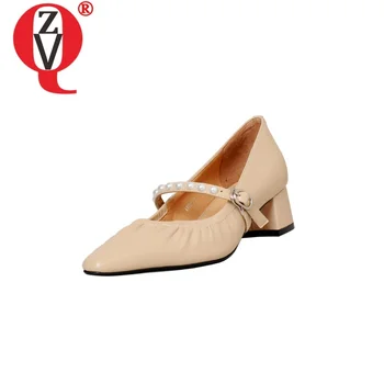  ZVQ/дамски обувки; обувки-лодка на среден ток с остър пръсти; обувки за почивка от естествена кожа отгоре и вътре; обувки за партита на дебелите обувки 34-42CN