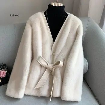  Бяло меховое дамско палто от кожа на норка модерен елегантен висококачествен кожен срастване меховое палто облекло