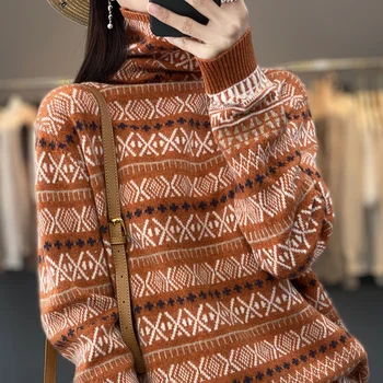  Вълнен пуловер, Женски есенно-зимния нов пуловер от 100% чиста вълна, всекидневни корейски пуловер, вязаный топ, пуловер в тон