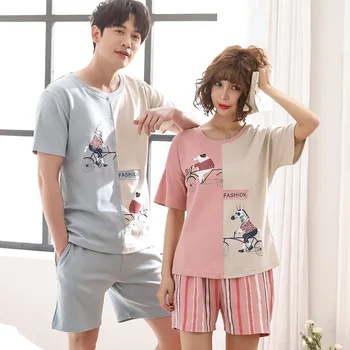  Дамски и мъжки нови летни сдвоени пижами, корейски памучни шорти с къс ръкав, удобни дишащи пижамные комплекти от две части, пижами