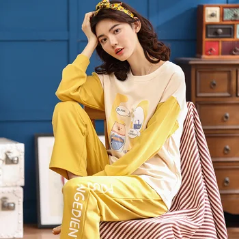  Дамски памучни дамски панталони с дълъг ръкав, корейски пролетно-есенни студентски пижамные комплекти от две теми големи размери, дамски пижами