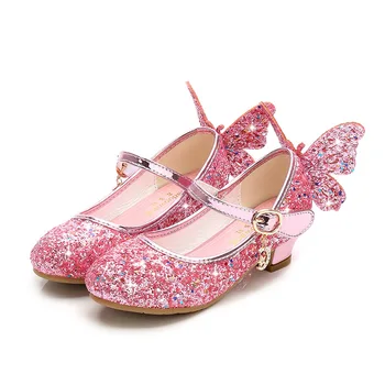  Детски обувки, детски обувки с декорация във формата на кристали, обувки с пеперуда за момичета, обувки на Принцесата на висок ток с пайети, 2021, нескользящая