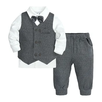  Дрехи за малките момчета пролетно-есенен костюм на джентълмен на рожден ден, празник дрехи за новородени, мек памук жилетка + риза + панталон, 4 предмета