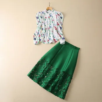  Европейската и американската дамски дрехи за зимата 2022 година, риза с дълги ръкави и принтом, Выдолбленная зелена пола, елегантен костюм