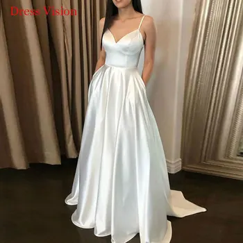  Елегантна атласное Сватбената рокля на спагети презрамки с V-образно деколте и V-образно деколте рокля Robe De Mariée Bride To Be Дълга Рокля на Булката Vestido De Новия