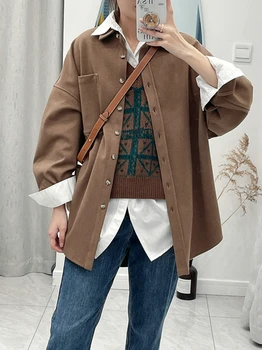  Есенно-зимния нова вълна палто темпераментное палто със средна дължина свободна ежедневни риза палто