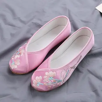  Китайската Традиционна Тъканно Обувки С Бродерия Дамски Плосък Пролетно Танцови Обувки Hanfu Розов Цвят