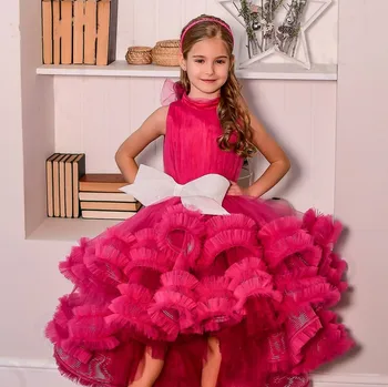  Модни Буйни Червени Рокли Принцеса С Цветя Модел За Момичета С Гънки И Лък За Причастие, Празнични Рокли За Рожден Ден, Robe De Госпожица