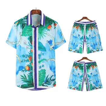  Мъжки Хавайска риза и къси панталони, Комплекти, Дрехи за почивка от 2 теми, Мъжки Ежедневни Плажни Ризи с флорални Принтом копчета, Костюми, Мъжка Риза Homme