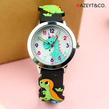  Нова мода момчета динозавър дизайн кварцов часовник деца момичета сладък карикатура дигитален циферблат каишка силикон светещите стрелки подарък часовник