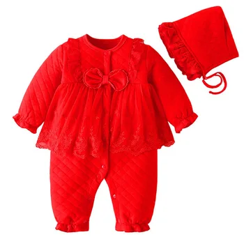  Новородено детски Детски едно парче хлопчатобумажный мек костюм за момичета, червен альпинистский костюм + Шапка