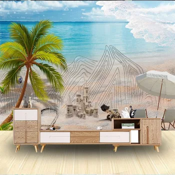 Потребителски 3D Фото Тапет Летен Плаж на Планината Следи от Пясък, Кокосови Палми Вълна на Фона на Стикери За Стена Papel De Parede Tapet