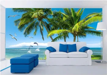 Потребителски снимки на 3d тапети Нетъкан текстил и коприна стенописи плаж кокосови палми чайки картина живопис 3d стая стенописи тапети