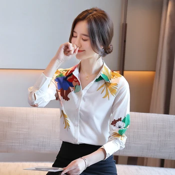  Пролетно-есенен Дамски блуза в корейски стил, с папийонка, поло Риза с Дълги Ръкави и Цветисти Принтом Movafag