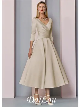  Рокля за майката на булката Трапецовидна форма, плюс размери, Елегантен Винтажное рокля с V-образно деколте, атласное рокля с дължина 3/4, ръкав с гънки