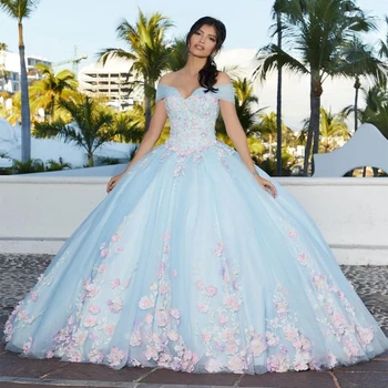  Светло Небето-Синьо Пищни рокля на Принцеса, Милото 16 Бална Рокля 2022, Апликации, Мъниста, 3D Цветя, Вечерни Рокли с отворен гръб, Vestidos De 15 Años