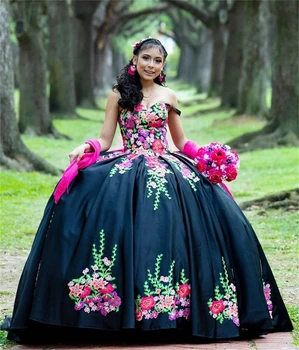 Черна Бална рокля Милото 16 Рокля Пищни Принцеса Рокля Vestidos De 16 XV Años vestidos para 15 рокля с Пищни Цветове 3D