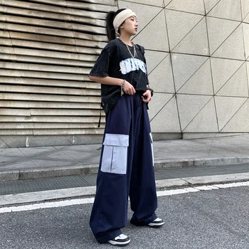  Японски ins Реколта контрастни тела Дамска Мода на 90-те Градинска Дрехи С Голям Джоб В Стил хип-хоп Широки Панталони Свободни Панталони С Завязками